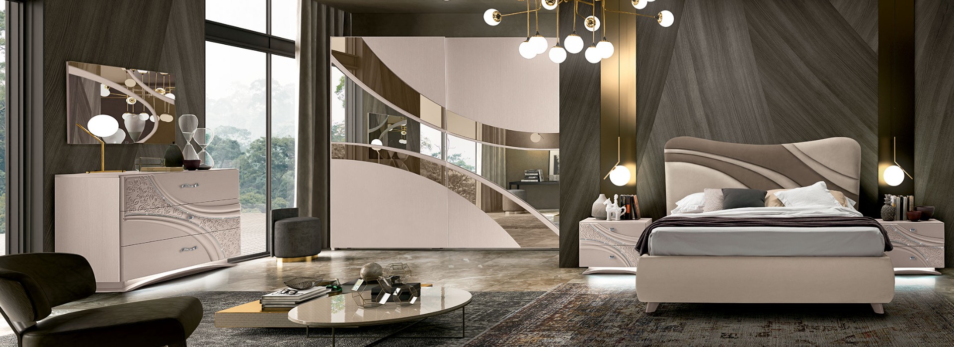 Camera da letto Cocò finitura Cachemire composta da:  Armadio 2 ante scorrevoli con cassettiera interna inclusa, comò con luci led, 2 comodini con luci led, specchiera e letto imbottito bicolore con contenitore incluso. Prezzo Mostra € 5.350,00